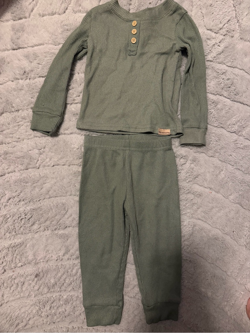 Bear Paw Kids Long Sleeve Waffle Knit Pajama Set - Sage Green